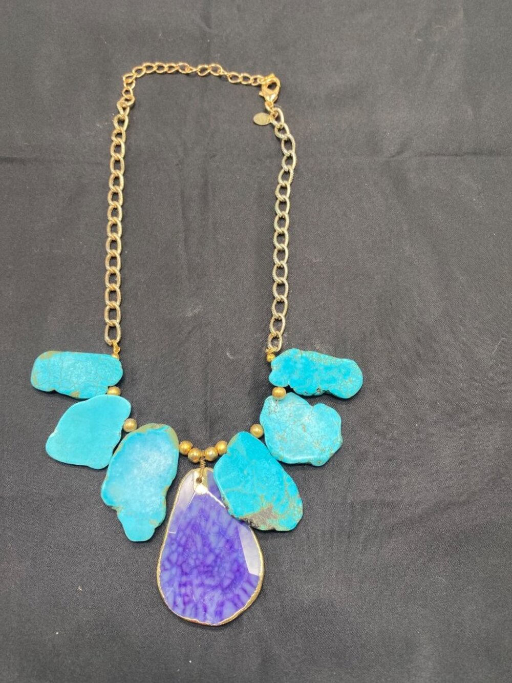 Chicos Gold-Tone Chain Necklace With Turquoise-Style Stones & Purple Agate Penda